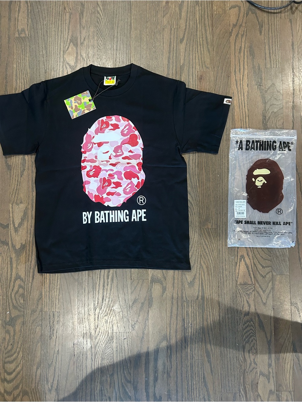 By Bathing Ape Black Short-Sleeve Tee with Pink Camo Ape Logo